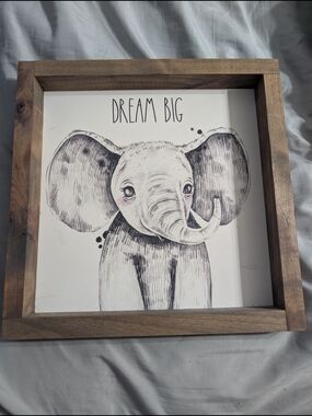 Dream Big Elephant Wood Framed Art Print - Neutral Nursery Wall Decor